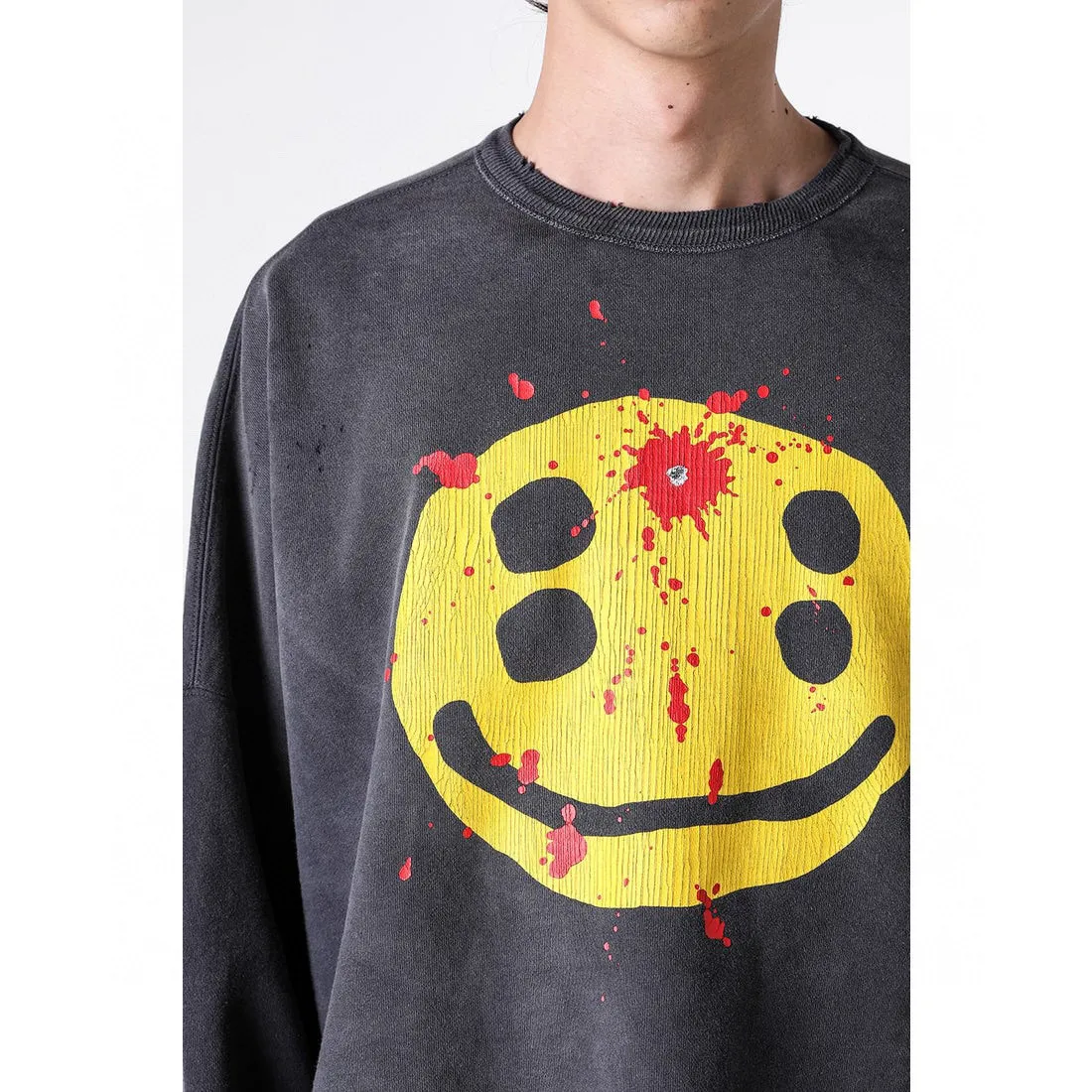 SAINT Mxxxxxx x CACTUS PLANT FLEA MARKET SMILE SWEATER SHIRT CPFM co-branded sweatshirt with smiley face, washed black S-XL, ready-to-wear Assute dyeing, heavy fermentation washing, multi-position spray fading, ultra-complex manual polishing/destruction treatment/special shearing treatment, special striped cuffs/multi-position shearing/pure handmade graffiti and dirty The only correct co-branded main wheat label/wash water label/little angel anti-counterfeiting label in the entire network